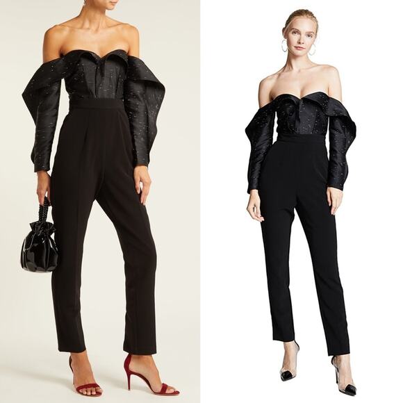 Self-Portrait Midnight Off Shoulder Jacquard Crepe Jumpsuit in Black Size US 0 - Picture 2 of 10